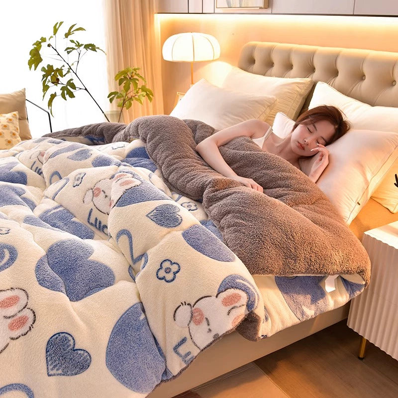 Woman lying on a bed with a cartoon-themed blanket in a cozy bedroom.