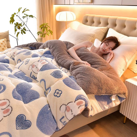 Woman lying on a bed with a cartoon-themed blanket in a cozy bedroom.