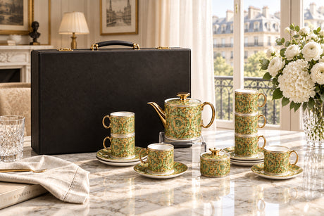 A luxury tea set arranged on a marble table in a bright, elegant room. The set includes a teapot, cups, saucers, a small sugar bowl, and a stack of stacked cups, all decorated in a green and gold floral pattern with gold trim.