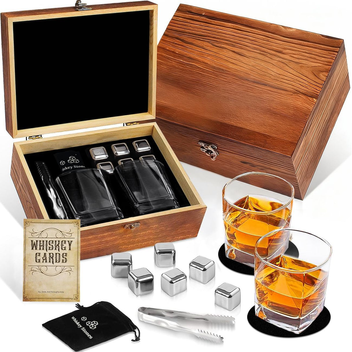 Whiskey Ice Stone Wooden Box Set, Carbonized Jujube Wood Cup Combination, Stainless Steel Ice Stone Complete Gift Box Set