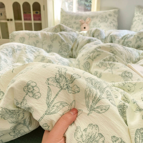 Young Adult Heart Double-Layer Yarn Bedding Four-Piece Set Washed Cotton Duvet Cover Dormitory Bed Single Student Three-Piece Set 4 Julia M LifeStyles