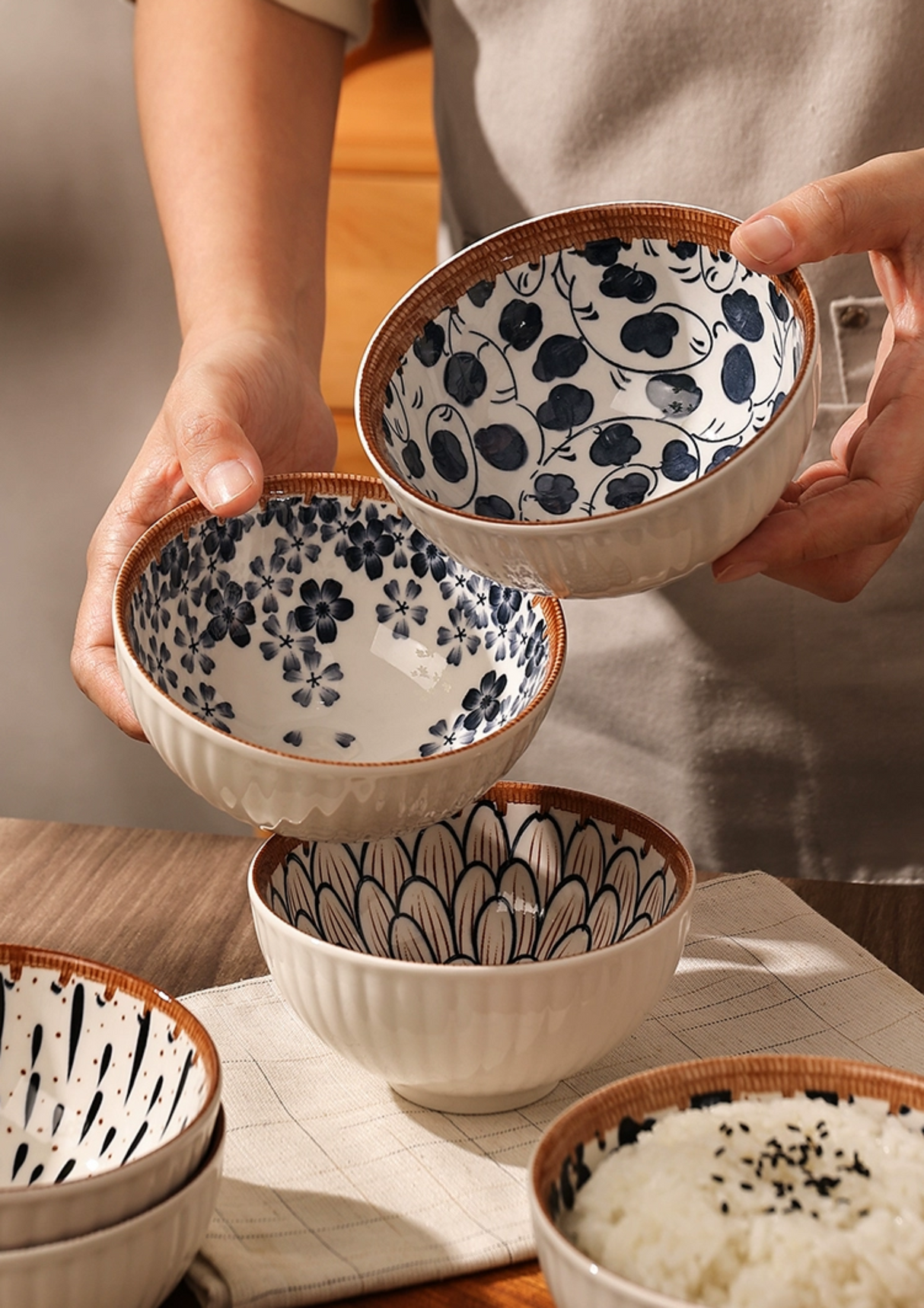 Japanese-Inspired Ceramic Rice Bowl Set in Gift Box
