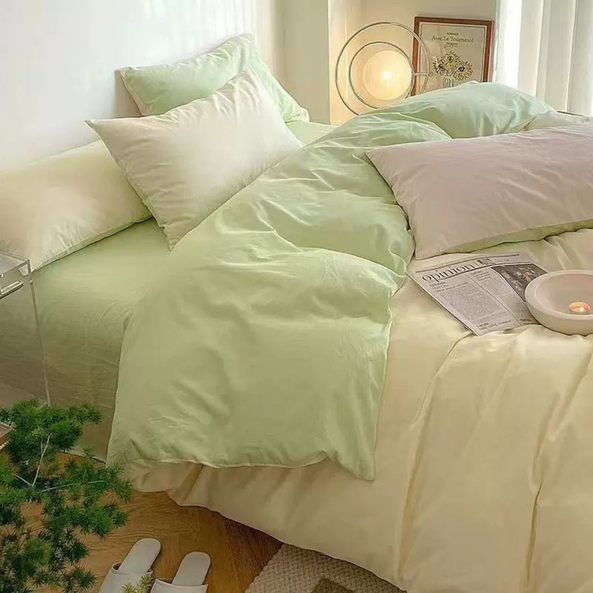 Light green bedding set on a bed with a newspaper and candle in a cozy bedroom.