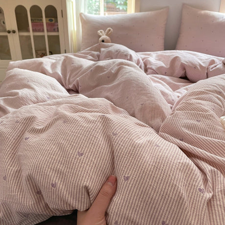 Young Adult Heart Double-Layer Yarn Bedding Four-Piece Set Washed Cotton Duvet Cover Dormitory Bed Single Student Three-Piece Set 4 Julia M LifeStyles
