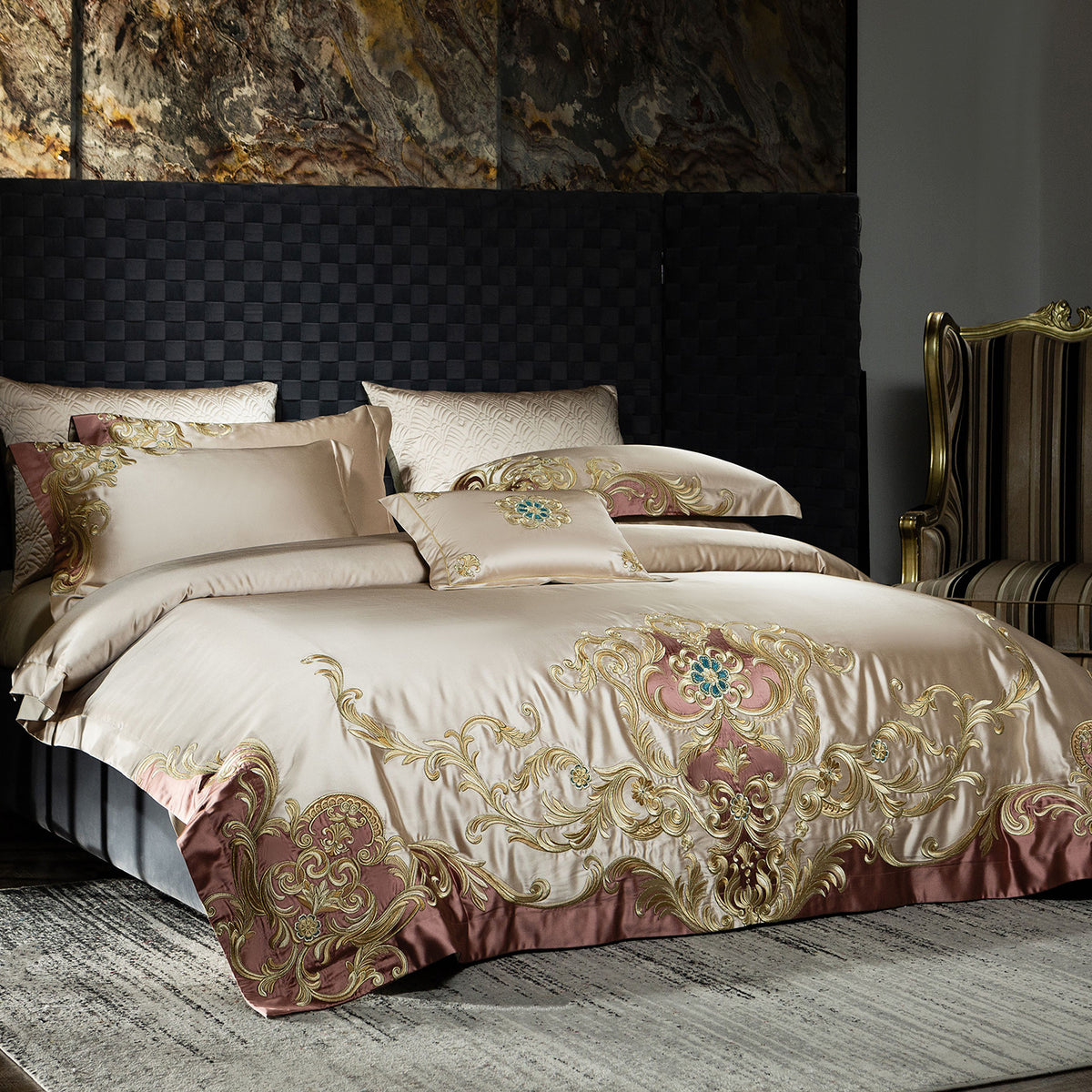 Luxurious European-Style 100-Count Silk Cotton Satin Brocade Embroidered Four-Piece Set of High-End Palace-Style Villa Bedding