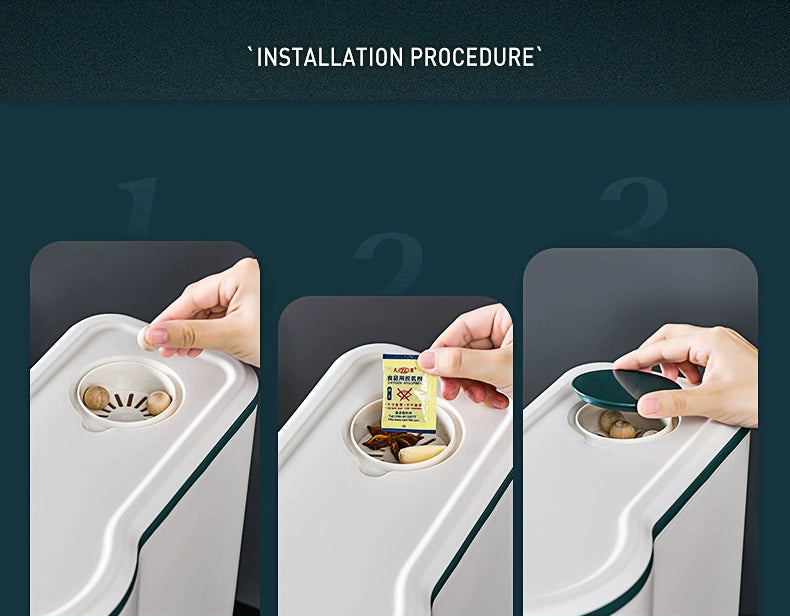 Step-by-step installation procedure for a product with hands performing actions.