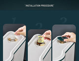 Step-by-step installation procedure for a product with hands performing actions.