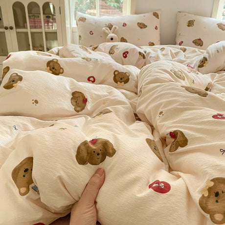 Young Adult Heart Double-Layer Yarn Bedding Four-Piece Set Washed Cotton Duvet Cover Dormitory Bed Single Student Three-Piece Set 4 Julia M LifeStyles