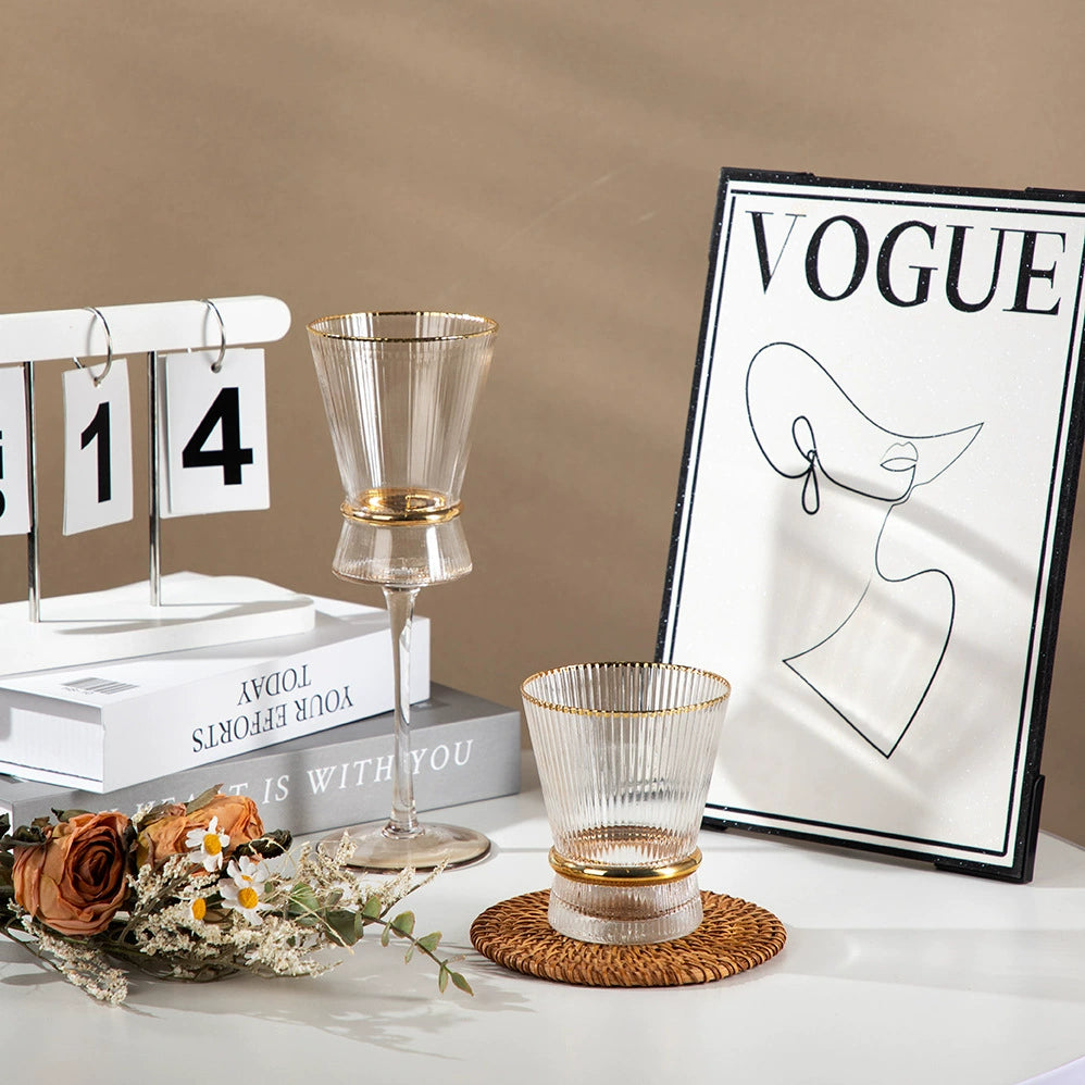 Champagne Glass Gold Trimming Waistline Goblet Champagne Glass Cocktail Glass Vertical Grain Water Cup Suit Electroplated Gold Creative Wine Ware Julia M Home & Kitchen