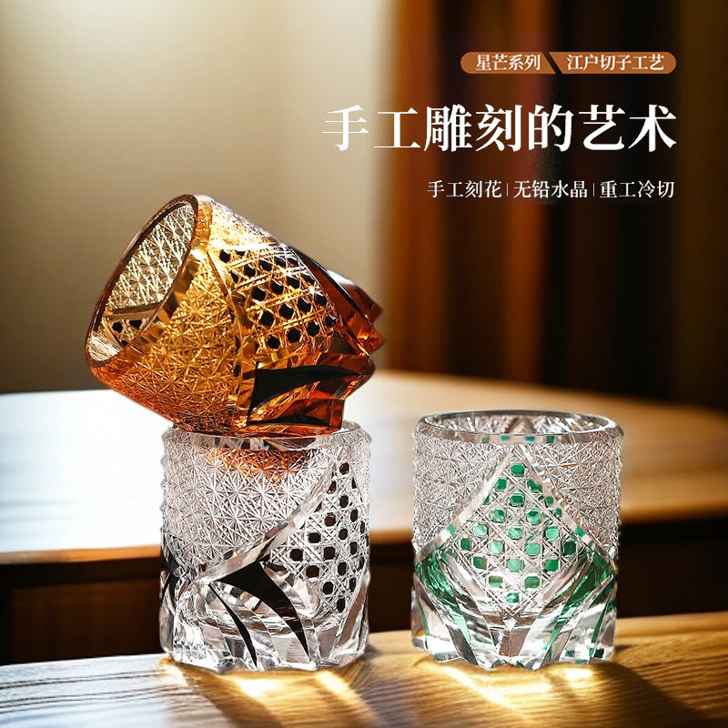 Edo Chariko Whiskey Crystal Glass Hand-carved Vintage Black Samurai Wood Boxed Wine Glass