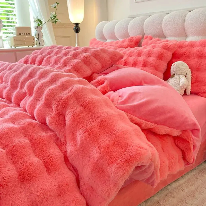 Rabbit Milk Fiber Four-Piece Set Winter Thicken Thermal Double-Sided with Velvet Flange Coral Fleece Bed Sheet Quilt Cover Three-Piece Set - Julia M LifeStyles