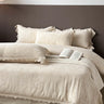 Beige textured bedspread with lace details on a bed against a dark wall.