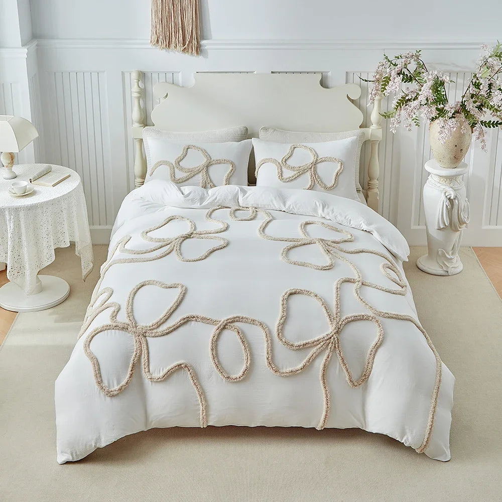 New Bow-knot Tufted Cut Flower Quilt Cover Set Queen Tufting Duvet Cover and Pillowcase Comfortable Skin-Friendly Blanket Covers