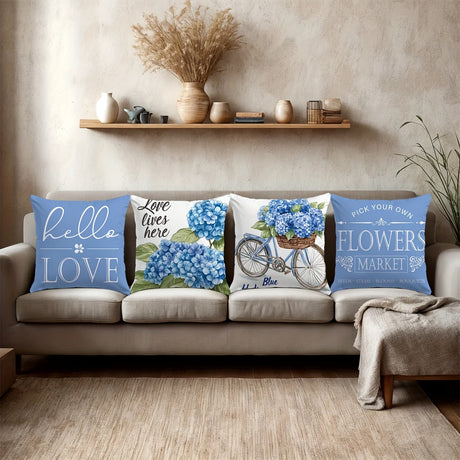 4 Piece Blue Hydrangea Decorative Pillow Cover Set - Luxury Collection