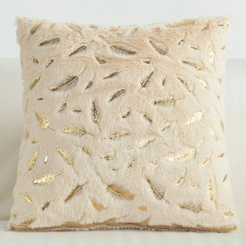 2pcs faux fur foil print feather decorative throw pillow cover,fluffy and soft plush cushion cover,for sofa bed, living room