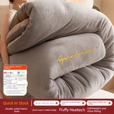 Person wrapped in a large gray comforter with 'Supreme' branding, featuring product details on a red banner.