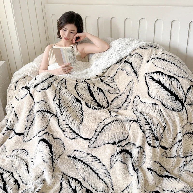 Super Thick Blanket for Winter Warm Lamb Fleece Plaids for Sofa Single/Queen/King Leaves Printed Bedspread Winter Thow Blanket Julia M LifeStyles
