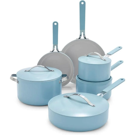 10-Piece Nonstick Ceramic Cookware Set, PFAS-Free Oven Safe Pots & Pans with Stay-Cool Handles & Glass Lids, Blue Haze