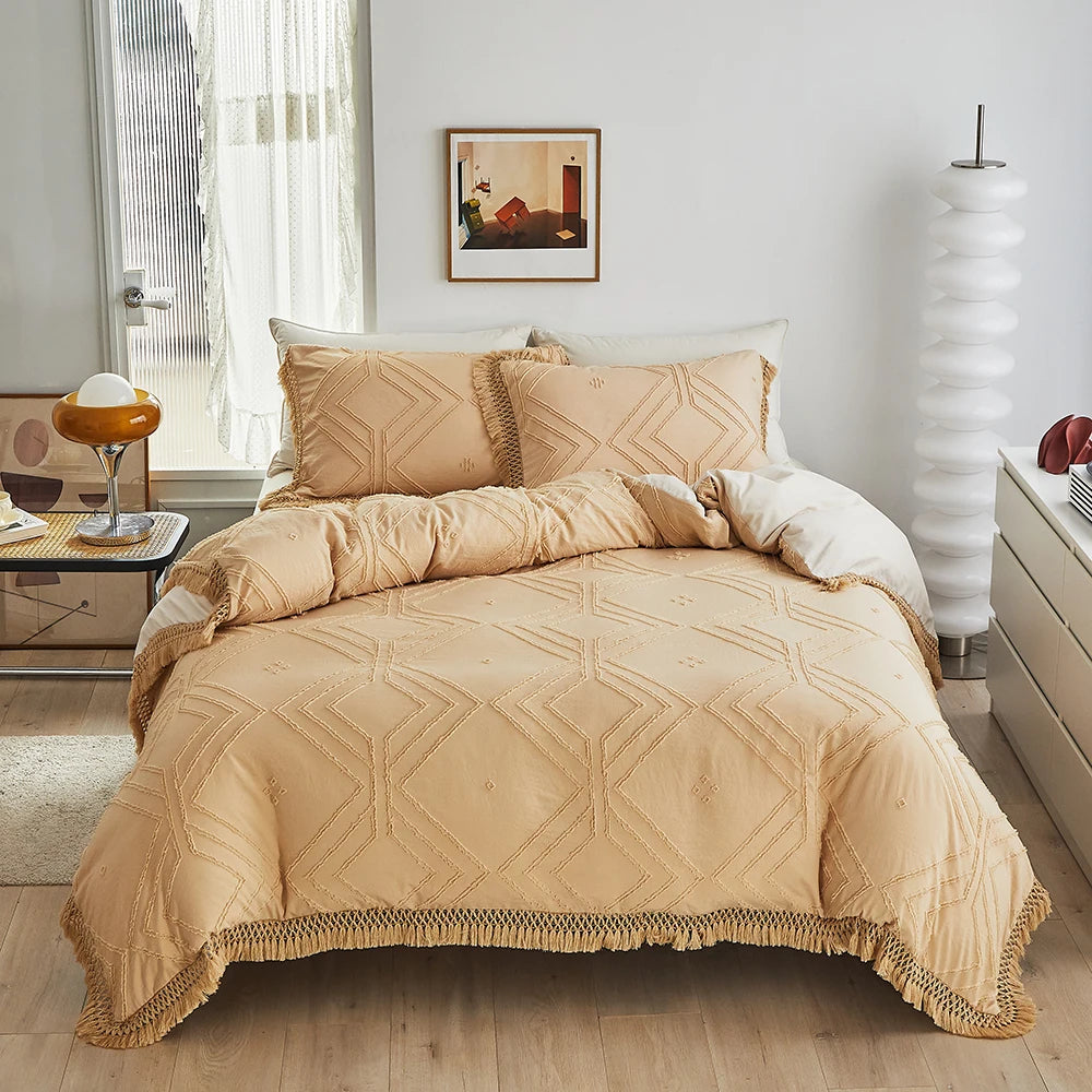 Bohemia Wavy Cut Flowers with Tassel Duvet Cover Set Single Double Boho Bedding Set Queen Soft Grace Quilt Cover and Pillowcases