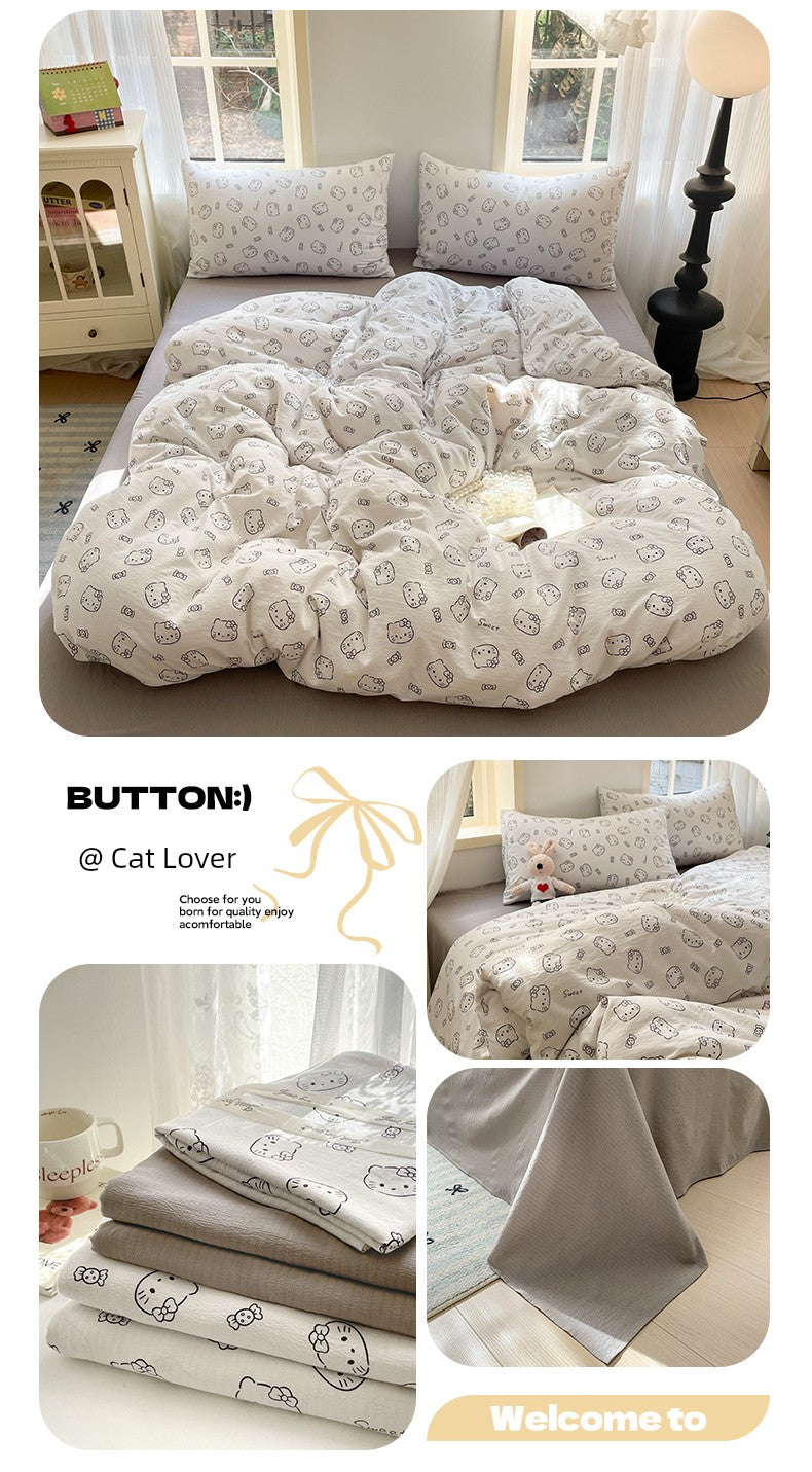 Young Adult Heart Double-Layer Yarn Bedding Four-Piece Set Washed Cotton Duvet Cover Dormitory Bed Single Student Three-Piece Set 4 Julia M LifeStyles