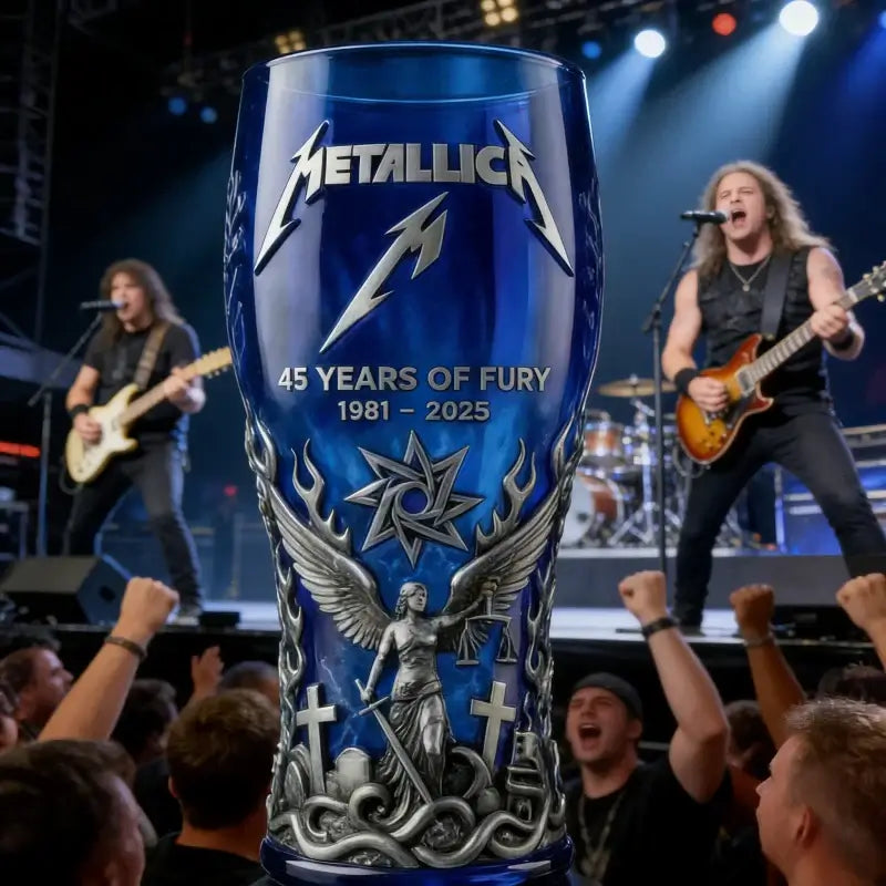 Metallica 45 Years of Fury Commemorative Glass, Vintage Heavy Metal Band Beer Mug, 3D Relief Blue Drinking Glass Rock Music