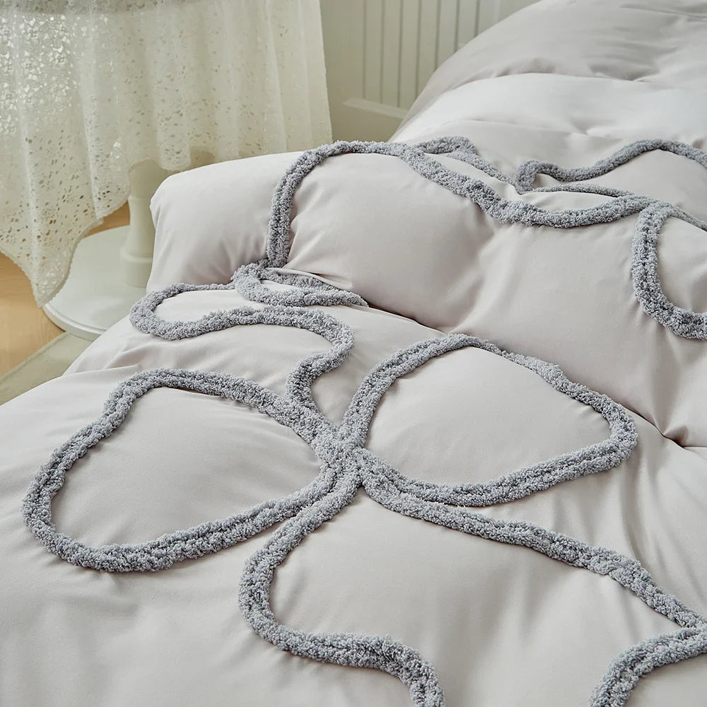 New Bow-knot Tufted Cut Flower Quilt Cover Set Queen Tufting Duvet Cover and Pillowcase Comfortable Skin-Friendly Blanket Covers