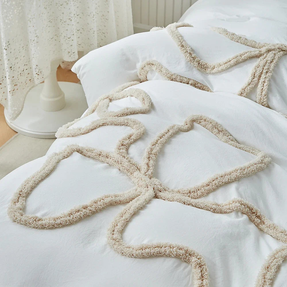 New Bow-knot Tufted Cut Flower Quilt Cover Set Queen Tufting Duvet Cover and Pillowcase Comfortable Skin-Friendly Blanket Covers