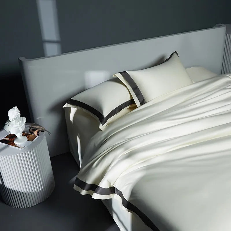 Premium 1400TC Egyptian Cotton Smooth Soft Bedding Set Chic White Grey Patchwork Duvet Cover Flat/Fitted Bed Sheet Pillowcases