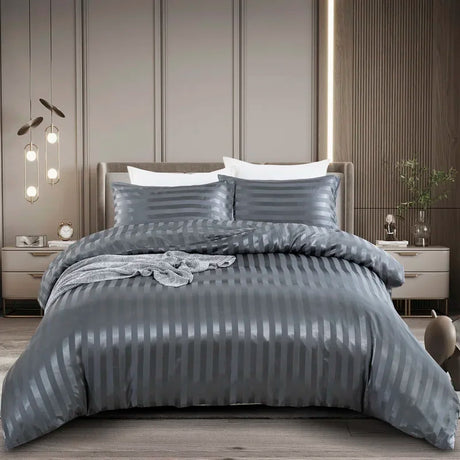 Luxury Satin Striped Duvet Cover Set with Zipper Closure & Pillow Cases - Julia M LifeStyles
