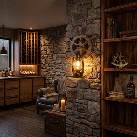 Wooden ship's wheel wall light fixture on a textured wall.