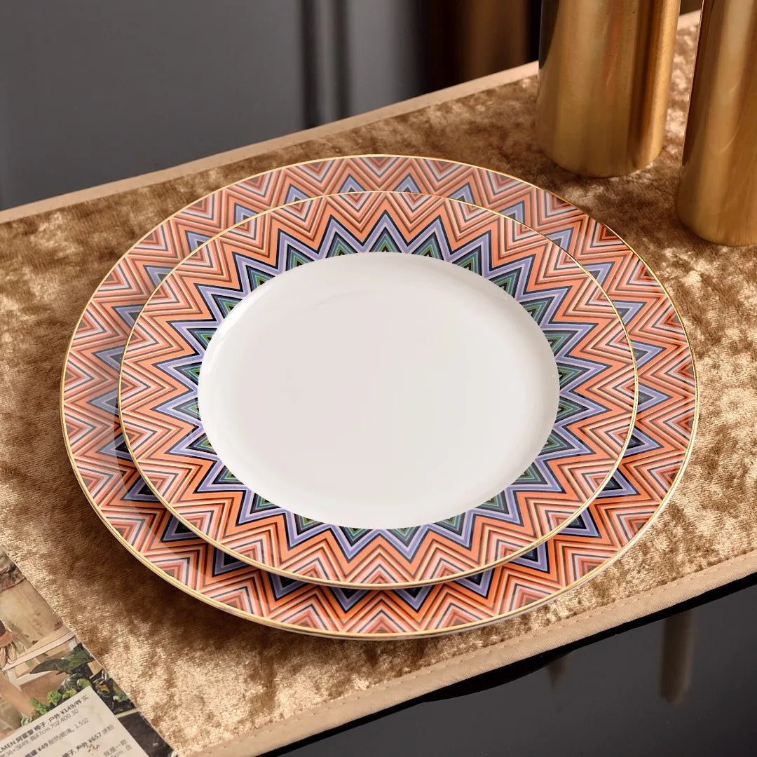 Set of decorative plates with geometric pattern on a textured surface