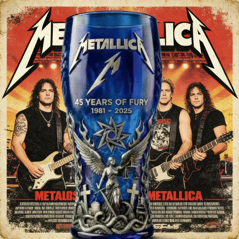 Metallica 45 Years of Fury Commemorative Glass, Vintage Heavy Metal Band Beer Mug, 3D Relief Blue Drinking Glass Rock Music
