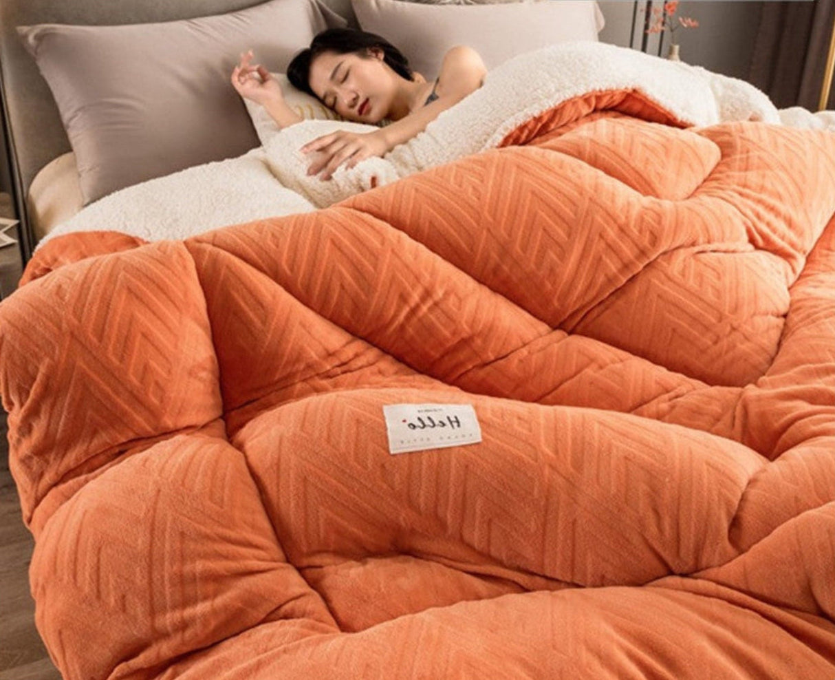 Person sleeping under an orange weighted blanket with a 'Rapid delivery' label above.