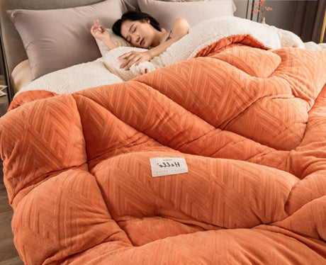 Person sleeping under an orange weighted blanket with a 'Rapid delivery' label above.