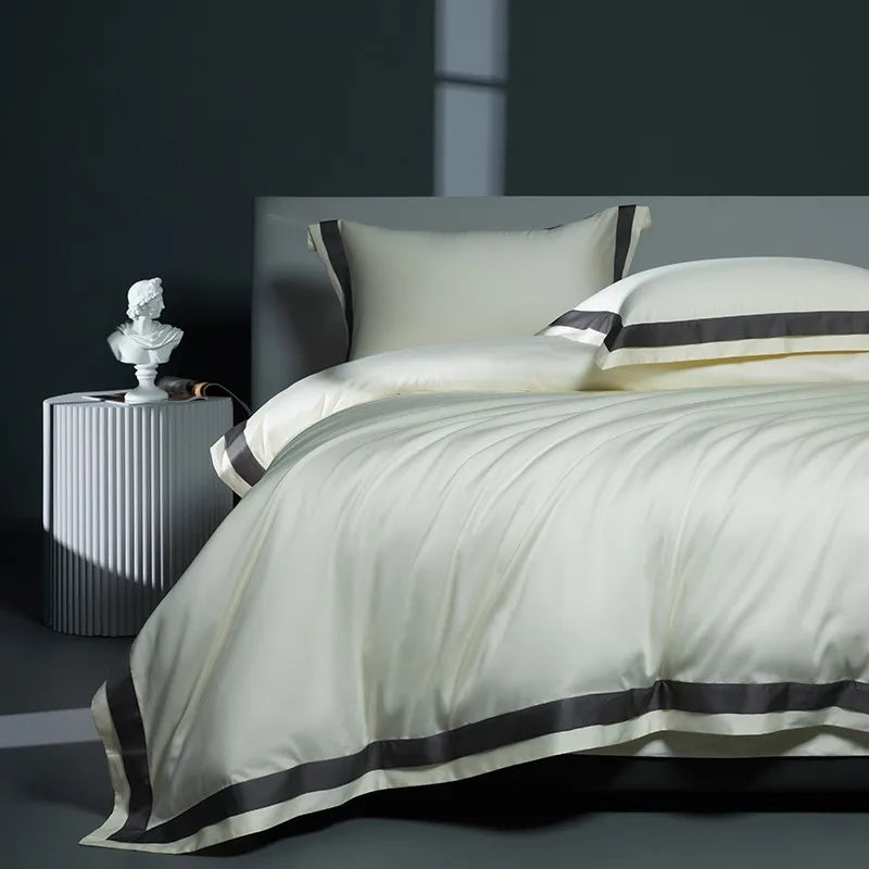Premium 1400TC Egyptian Cotton Smooth Soft Bedding Set Chic White Grey Patchwork Duvet Cover Flat/Fitted Bed Sheet Pillowcases