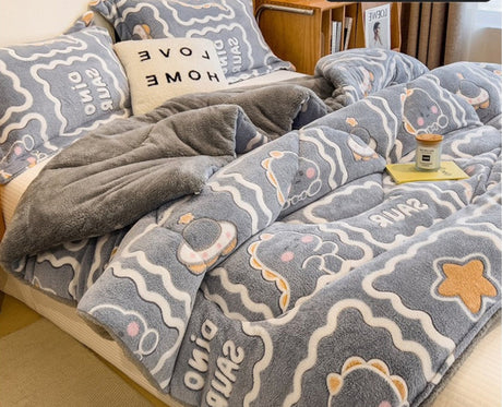 Flannel bedding set with cartoon designs on a bed, featuring the brand 'Rapid delivery'.