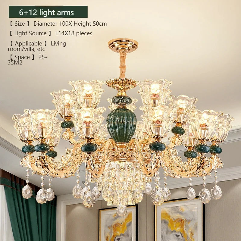 LED Crystal Ceramic Retro Ceiling Chandelier - European Style Luxury Lamp