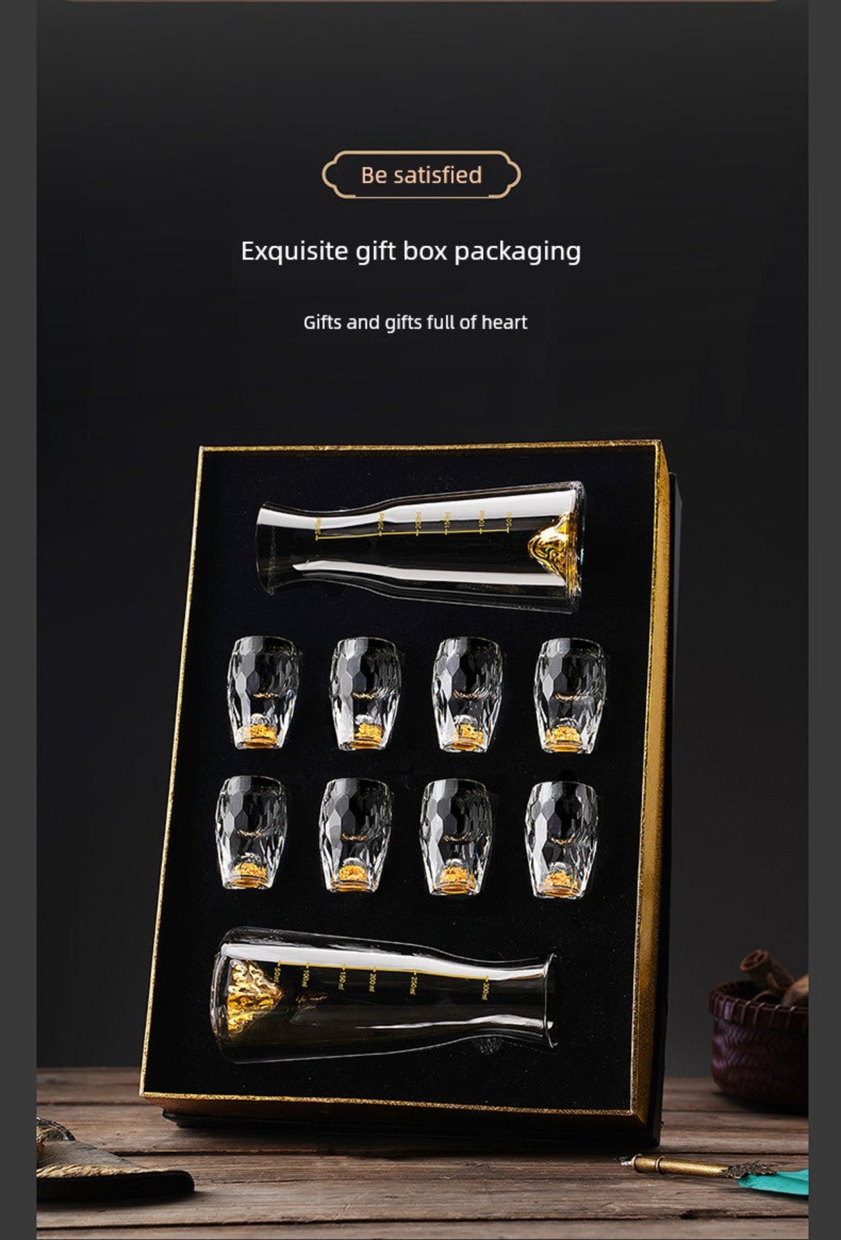 Crystal Glass Wine Decanter Set with Gold Foil Shot Cup