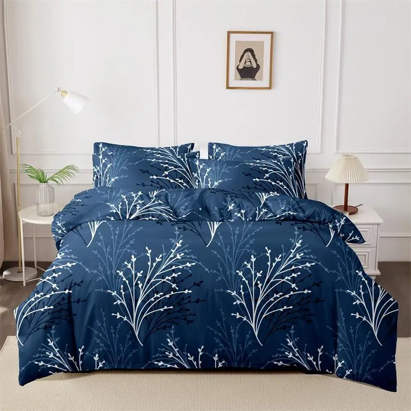 Queen Size Flower Branch Matte Duvet Cover Set - Soft and Skin-Friendly