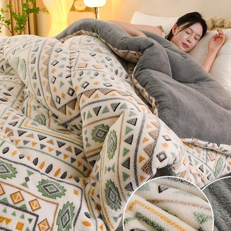 Person lying in bed under a patterned blanket with close-up details of texture and material.