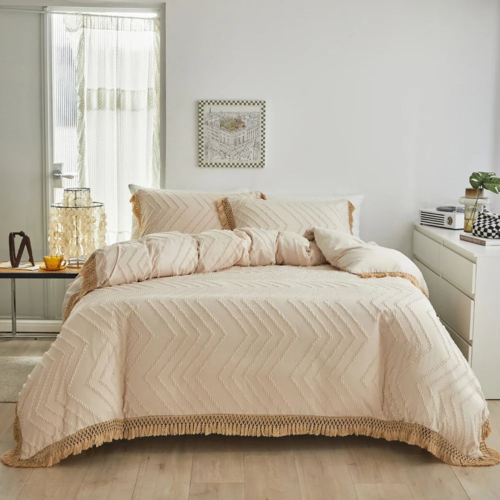 Bohemia Wavy Cut Flowers with Tassel Duvet Cover Set Single Double Boho Bedding Set Queen Soft Grace Quilt Cover and Pillowcases