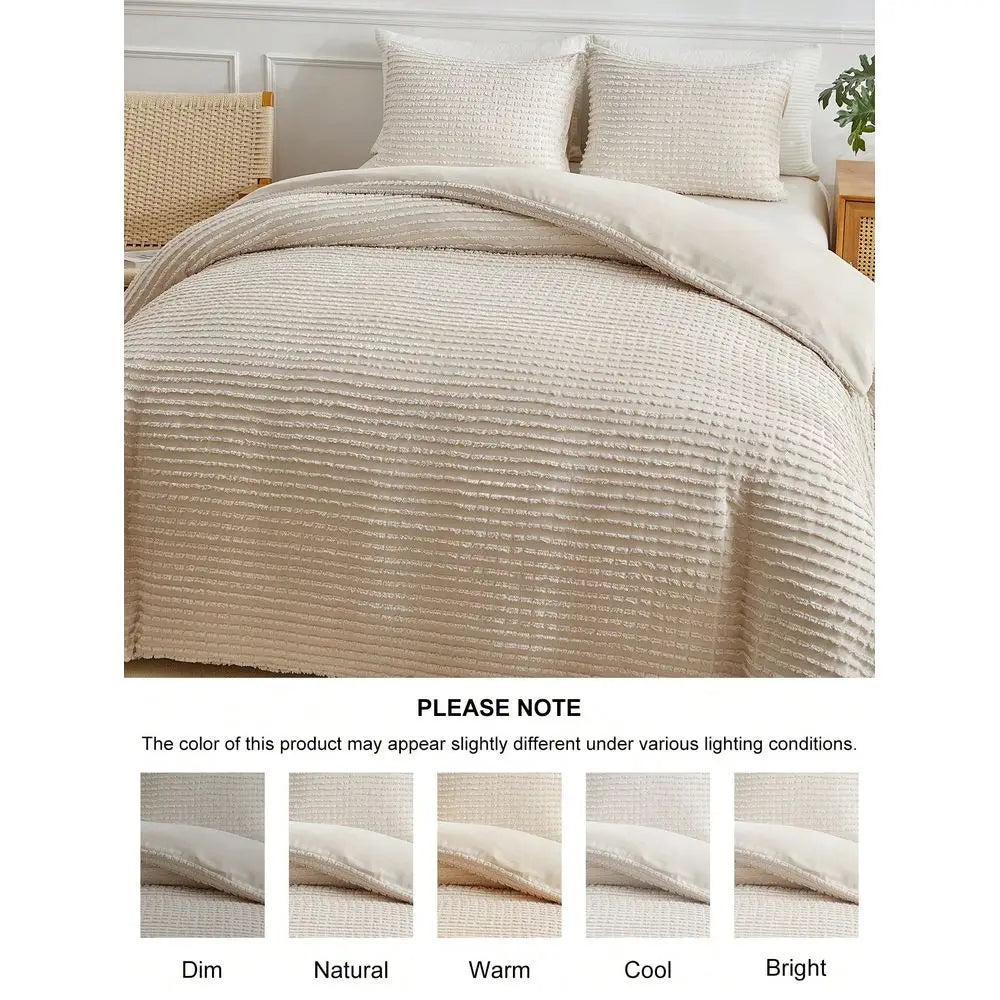 Bohemian Style Khaki Tufted Jacquard Duvet Cover Set, Simple Rustic Polyester Bedding Set, Includes 1 Duvet Cover And 2 Pillow S