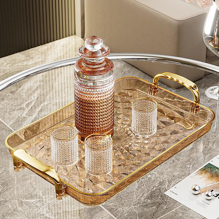 WORTHBUY Light Luxury Clear Serving Tray Plastic Fruit Dessert Tray With Handle Home Decorative Storage Tray Kitchen Organizer