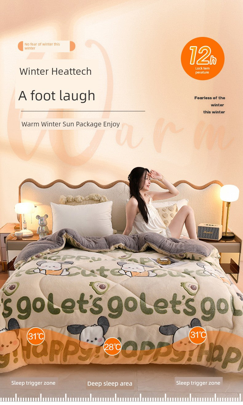 Advertisement for a winter heating product with a woman relaxing on a bed, featuring text and graphics about warmth and comfort.