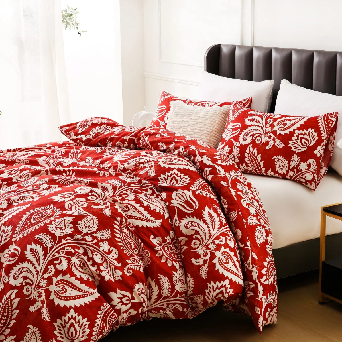 Boho White Paisley Floral Duvet Cover Twin Bohemian Exotic Flower Bedding Set Reversible Red Comforter Cover for Girl Women Room Julia M LifeStyles