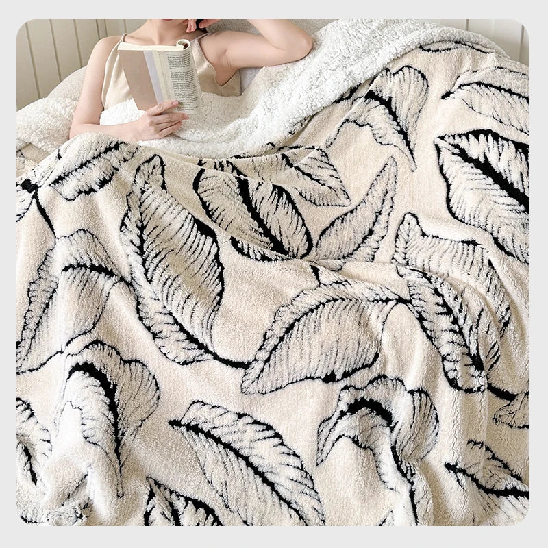 Super Thick Blanket for Winter Warm Lamb Fleece Plaids for Sofa Single/Queen/King Leaves Printed Bedspread Winter Thow Blanket Julia M LifeStyles