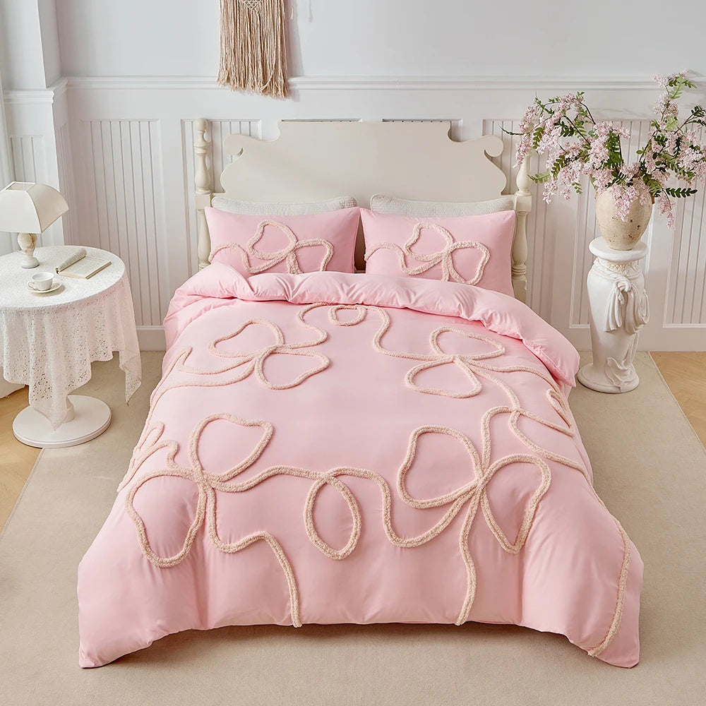 New Bow-knot Tufted Cut Flower Quilt Cover Set Queen Tufting Duvet Cover and Pillowcase Comfortable Skin-Friendly Blanket Covers