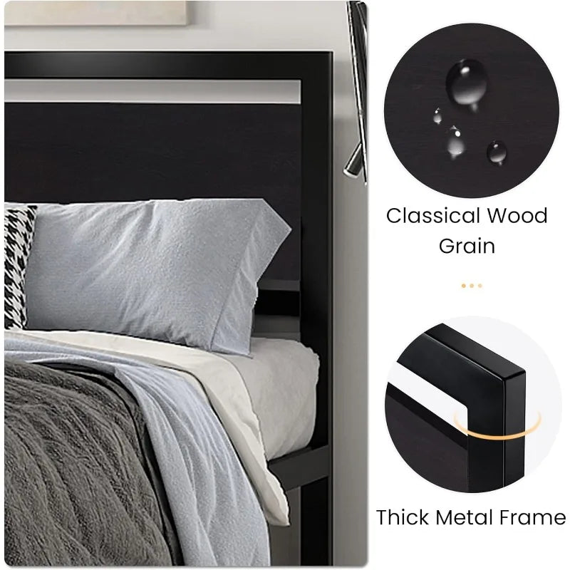 Full Size Bed Frame with Modern Wooden Headboard & Metal Platform Frame