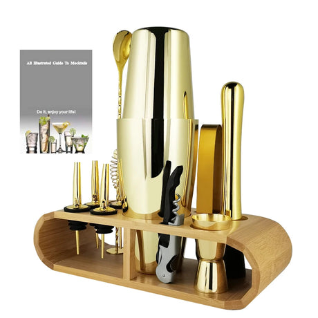 Gold Boston Cocktail Shaker Set with Bamboo Stand