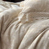Close-up of beige textured fabric with lace trim, resembling bedding or clothing.